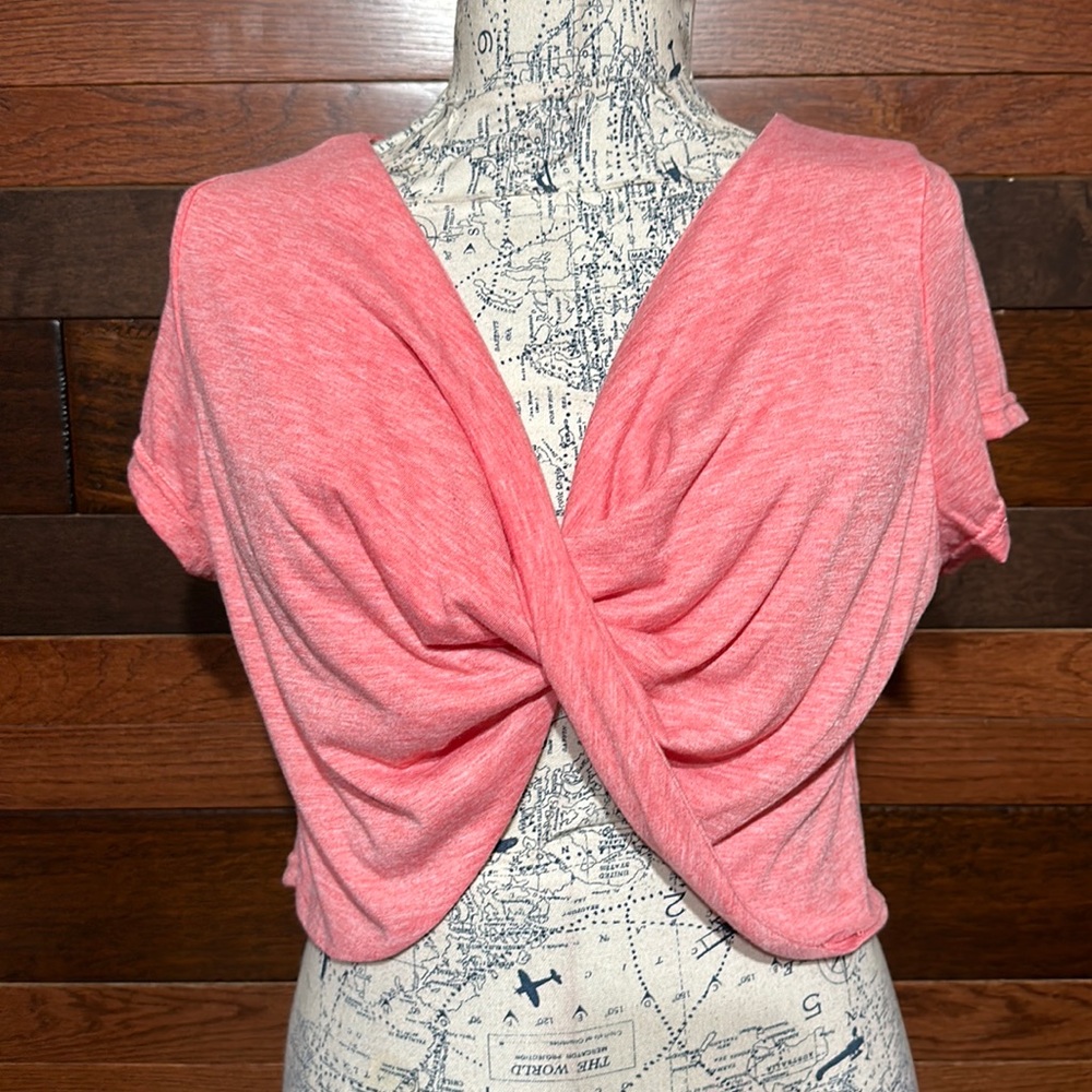DressFo Deep V Neck Short Sleeve Pinky Salmon Crop Top